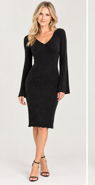 Stitches & Stripes Dresses & Skirts - Stitches & Stripes Black Ribbed Knit V-Neck Mini Dress Long Sleeve Cold Shoulder
